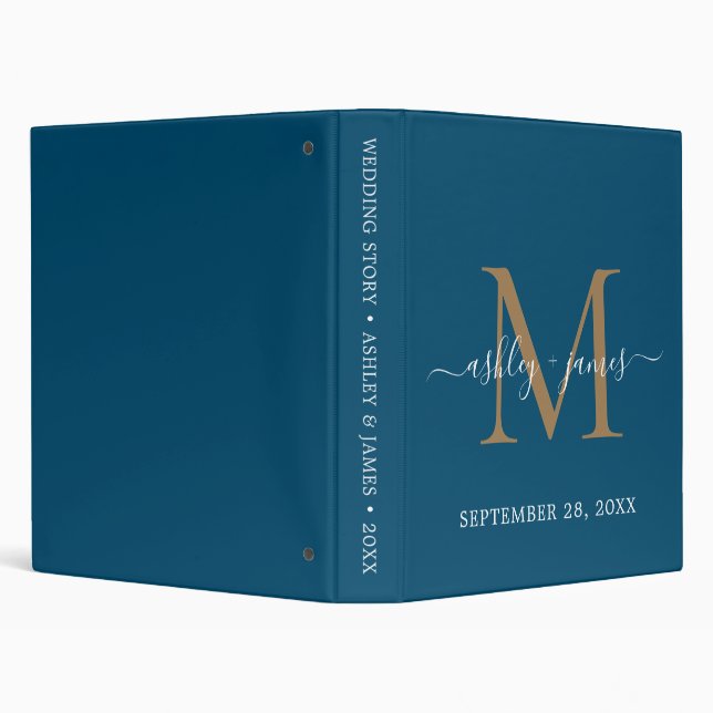 Elegant Gold Monogram Script Ocean Blue Wedding 3 Ring Binder (Background)