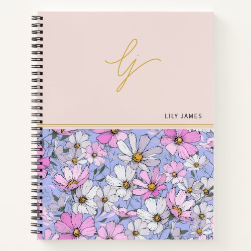 Elegant Gold Monogram Script Pink Blue Flowers  Notebook