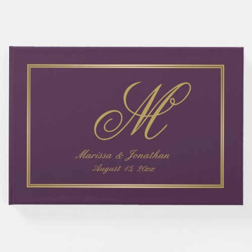 Elegant Gold Monogram Script Plum Purple Wedding Guest Book