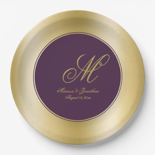 Elegant Gold Monogram Script Plum Purple Wedding Paper Plates