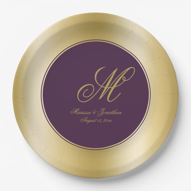 Elegant Gold Monogram Script Plum Purple Wedding Paper Plates (Front)