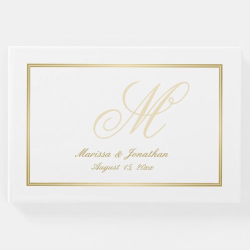 Elegant Gold Monogram Script White Wedding Guest Book