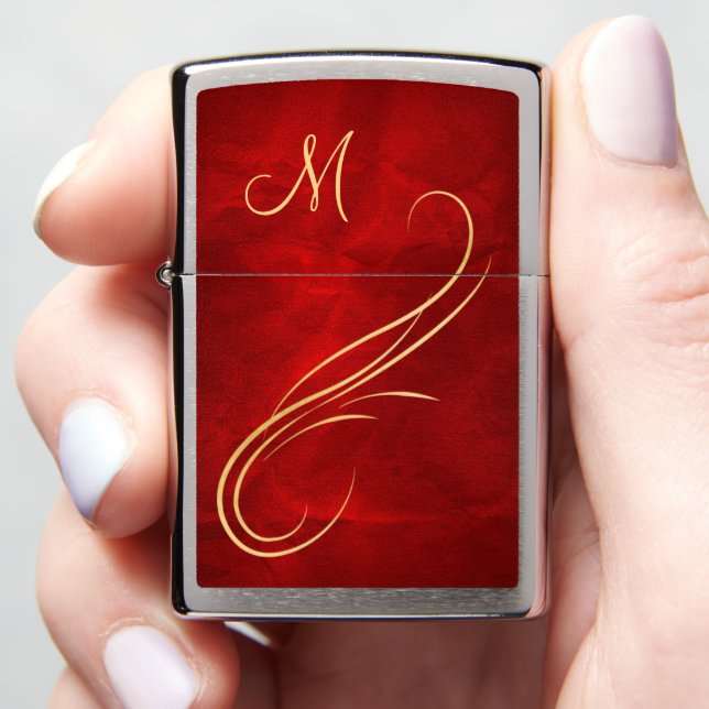 Elegant Gold Monogram Swirl on Red Zippo Lighter (In Hand)