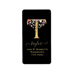 Elegant Gold Monogram T Floral Address Label