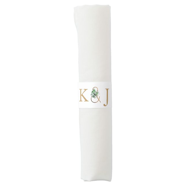 Elegant Gold Monogram w/ Floral Ampersand Wedding Napkin Bands (Front)