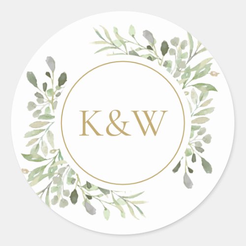 Elegant Gold Monogram Watercolor Greenery Wedding Classic Round Sticker