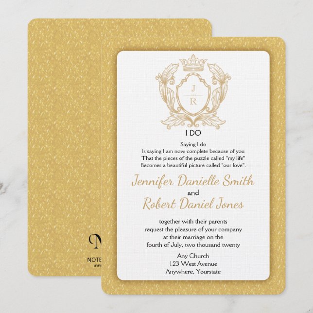 Elegant Gold Monogram Wedding Invitation (Front/Back)