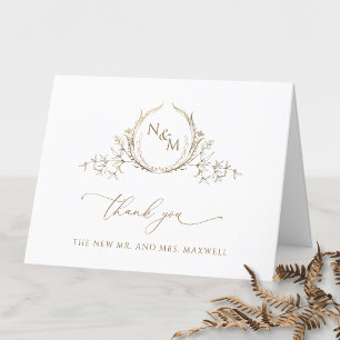 Elegant Gold Monogram Wedding Letterpress Thank You Card