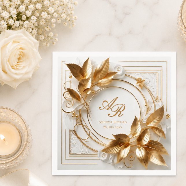 Elegant Gold Monogram Wedding  Napkins (elegant opulent gold foliage wedding paper napkin with custom monogram names and wedding date)