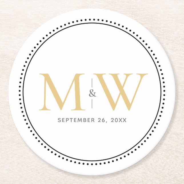 Elegant Gold Monogram Wedding Round Paper Coaster (Front)