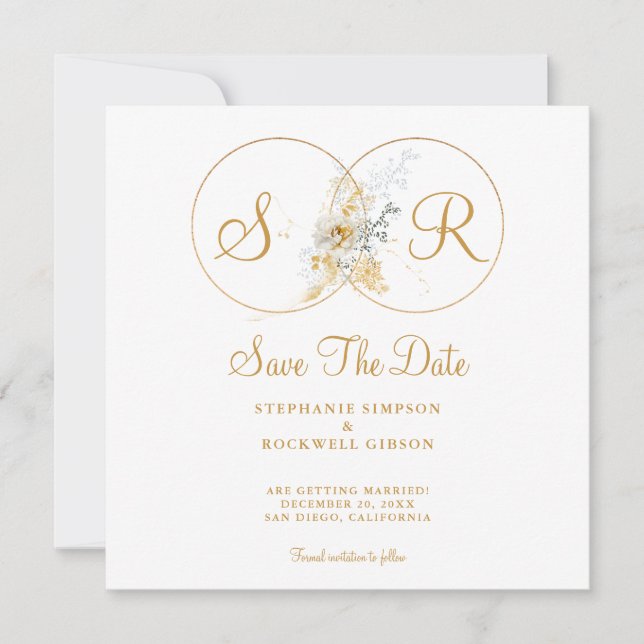 Elegant Gold Monogram Wedding Save The Date (Front)
