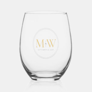 Elegant Gold Monogram Wedding Stemless Wine Glass