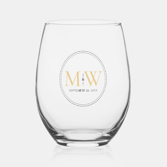 Elegant Gold Monogram Wedding Stemless Wine Glass (Front)