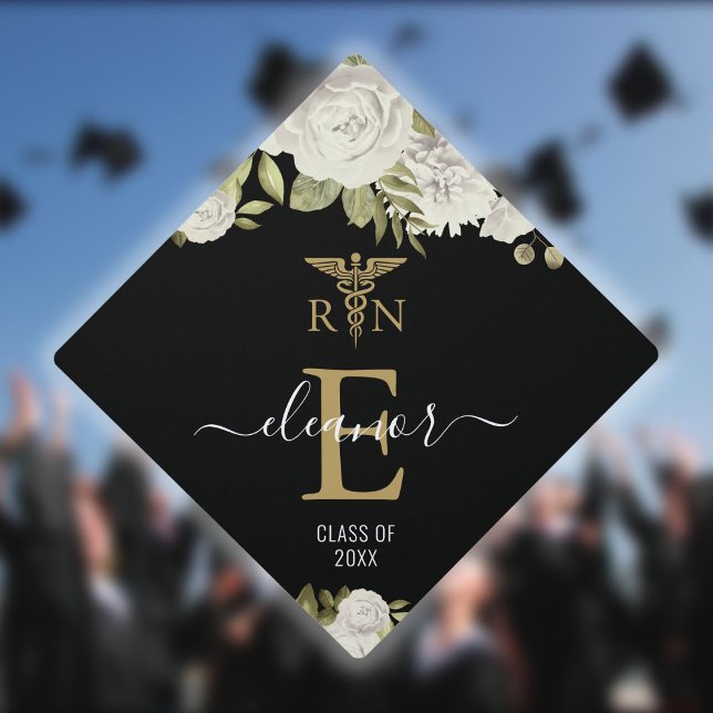 Elegant Gold Monogram White Floral Medical Nursing Graduation Cap Topper (Creator Uploaded)