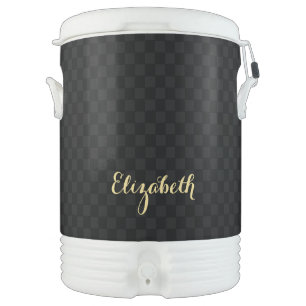 Elegant Gold Monogrammed Black Checkered Pattern Beverage Cooler