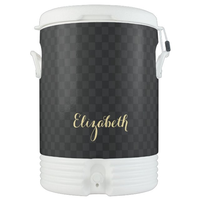Elegant Gold Monogrammed Black Checkered Pattern Beverage Cooler (Front)