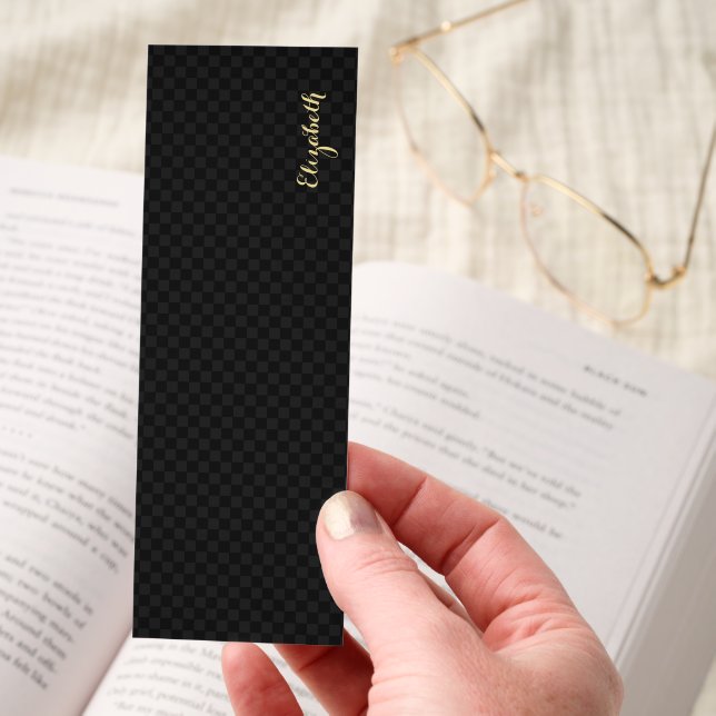 Elegant Gold Monogrammed Black Checkered Pattern Bookmarks (Hand)