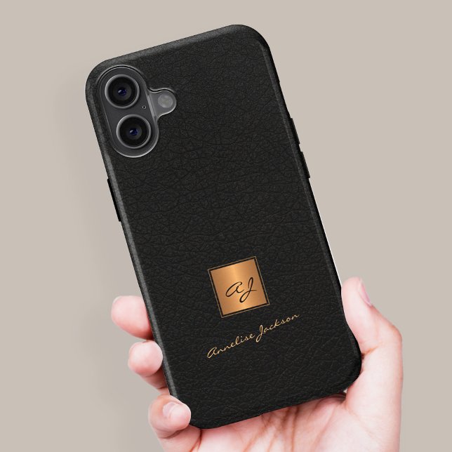 Elegant gold monogrammed script name black leather Case-Mate iPhone case (Creator Uploaded)