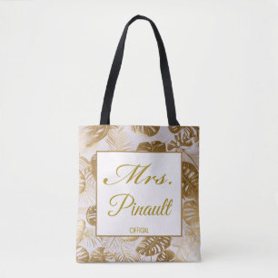 Elegant Gold Monstera Mrs. Personalized Bridal Tote Bag