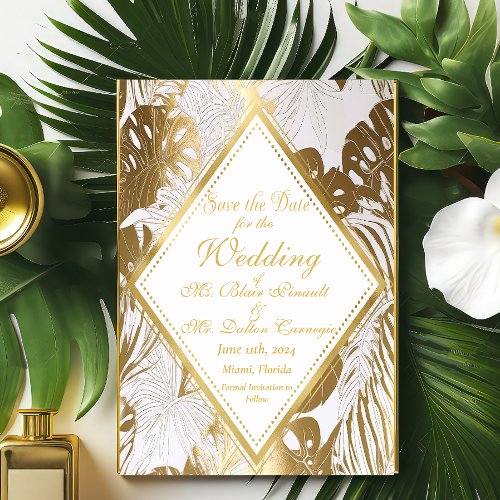 Elegant Gold Monstera  Wedding Save The Date Card