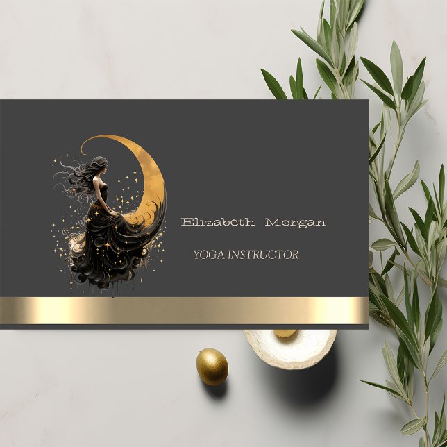 Elegant Gold Moon Girl Yoga Instructor Business Card (Creator Uploaded)
