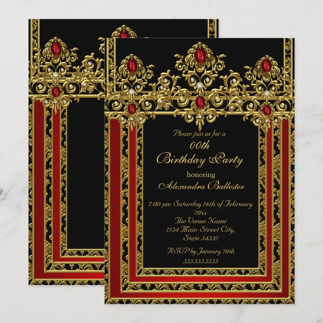 Elegant Gold Moroccan Style Red Birthday Party Invitation (Front/Back)