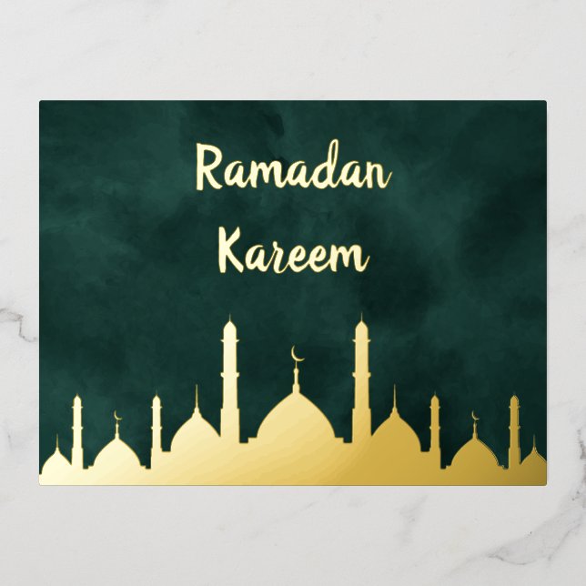 Elegant Gold Mosque Green Ramadan Kareem Islamic Foil Holiday Postcard (Front)