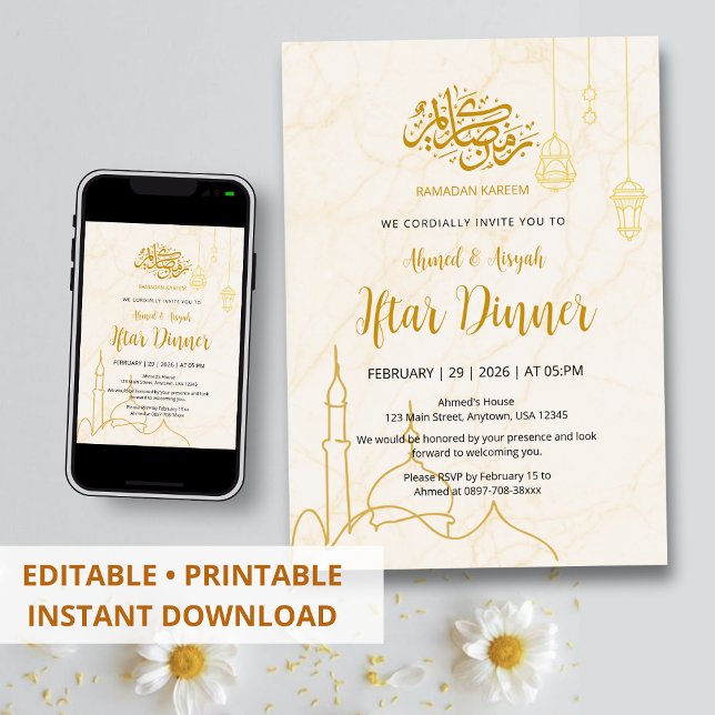 Elegant Gold Mosque Marble Ramadan Iftar Dinner Invitation (Creator Uploaded)