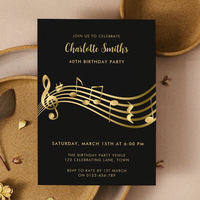 Elegant Gold Music Notes 40th Birthday Black Invitation (Creator Uploaded)