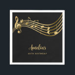 Elegant Gold Music Notes 40th Birthday Black Napkins<br><div class="desc">This editable 40th birthday party napkin features a stave with music notes and a treble clef in faux gold on a black background complemented by modern script typography. Perfect for adult birthday parties, musical events and music lovers. Customize it with your own text and make use of the editing tool...</div>