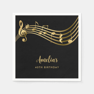 Elegant Gold Music Notes 40th Birthday Black Napkins