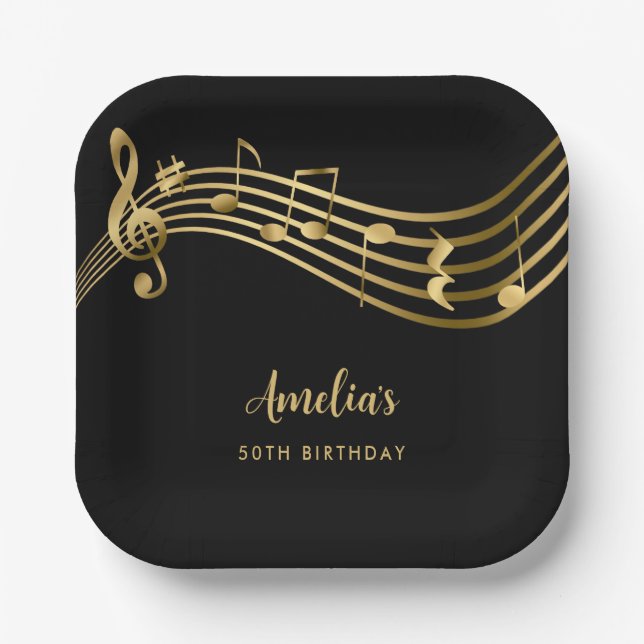 Elegant Gold Music Notes 50th Birthday Black Paper Plates (Front)