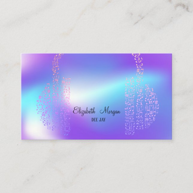 Elegant Gold Music Notes Headphone DJ Holographic Business Card (Front)