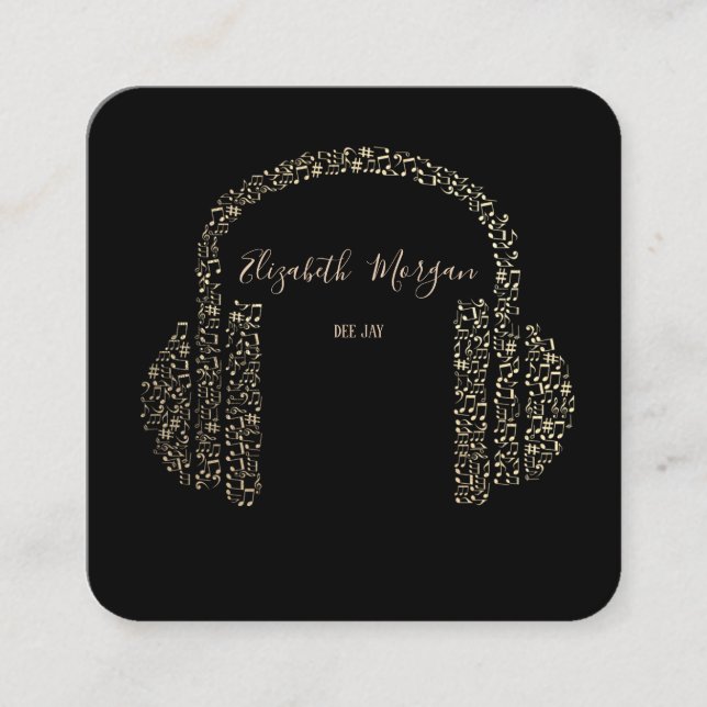 Elegant Gold Music Notes Headphone DJ Square Business Card (Front)