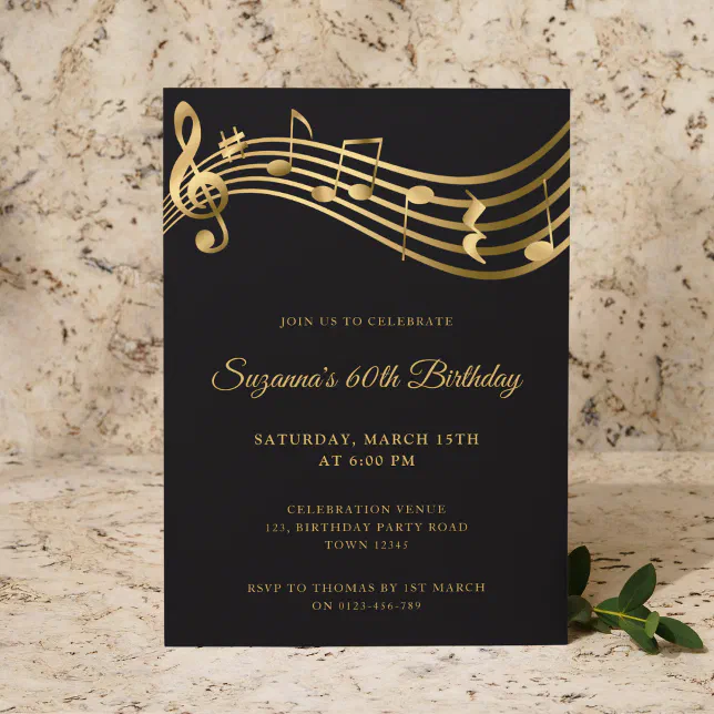 Elegant Gold Music Notes Modern 60th Birthday Invitation | Zazzle