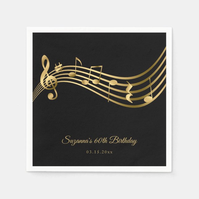 Elegant Gold Music Notes Modern 60th Birthday Napkins (Front)