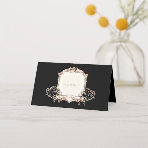 Elegant Gold n Black Swirls Shield Wedding Place Card