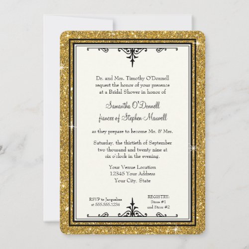 Elegant Gold n Black Vintage Script Bridal Shower Invitation