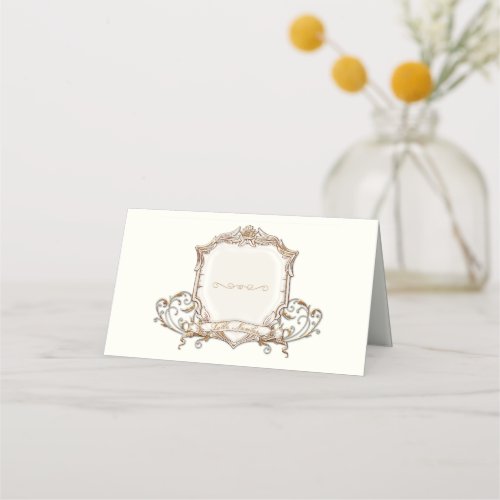 Elegant Gold n Ivory Scrolls Shield Wedding Table Place Card