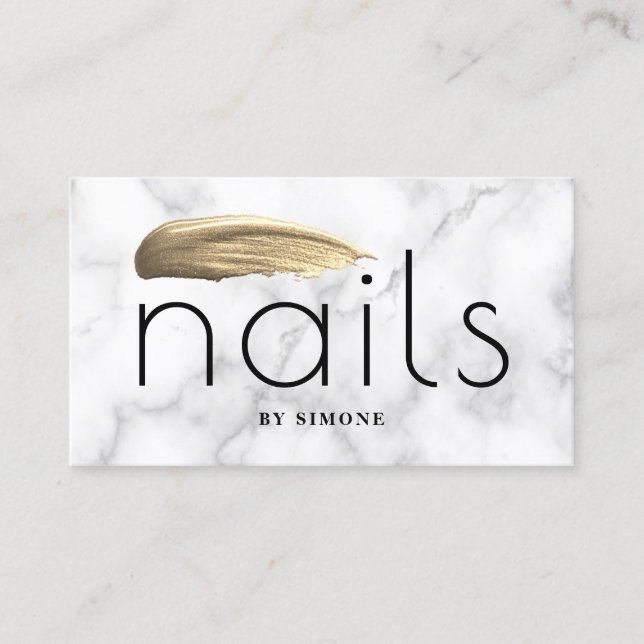 Elegant gold nail polish stroke white marble business card (Front)