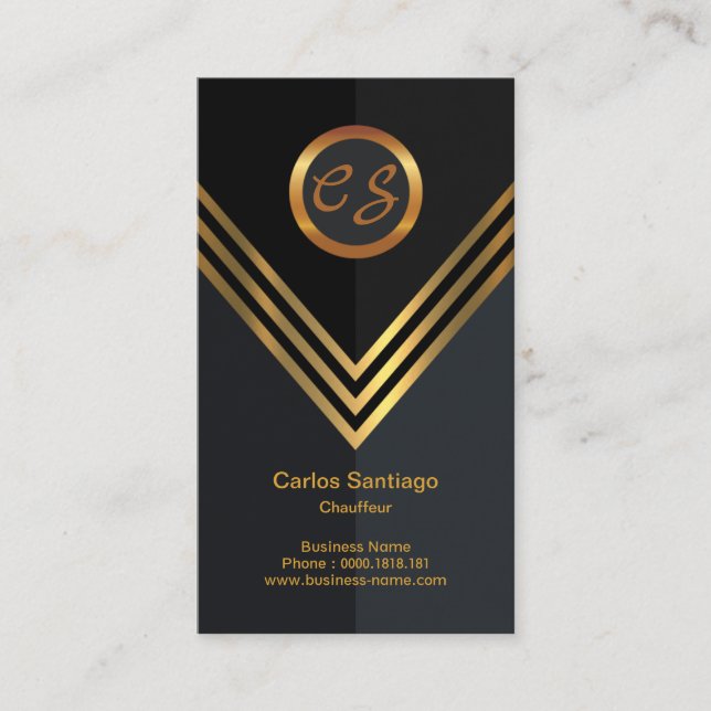 Elegant Gold Name Initials Monogram Chauffeur Business Card (Front)