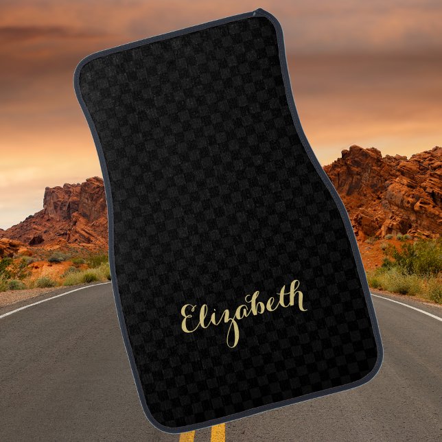 Elegant Gold Name Modern Black Checkered Pattern Car Floor Mat (Elegant Gold Name Modern Black Checkered Pattern Car Floor Mat)
