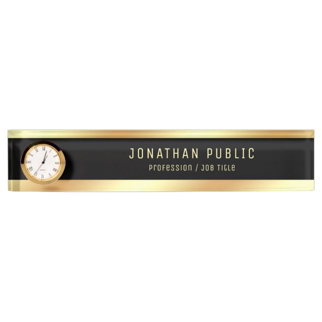 Elegant Gold Name Modern Black Template With Clock Desk Name Plate (Front)