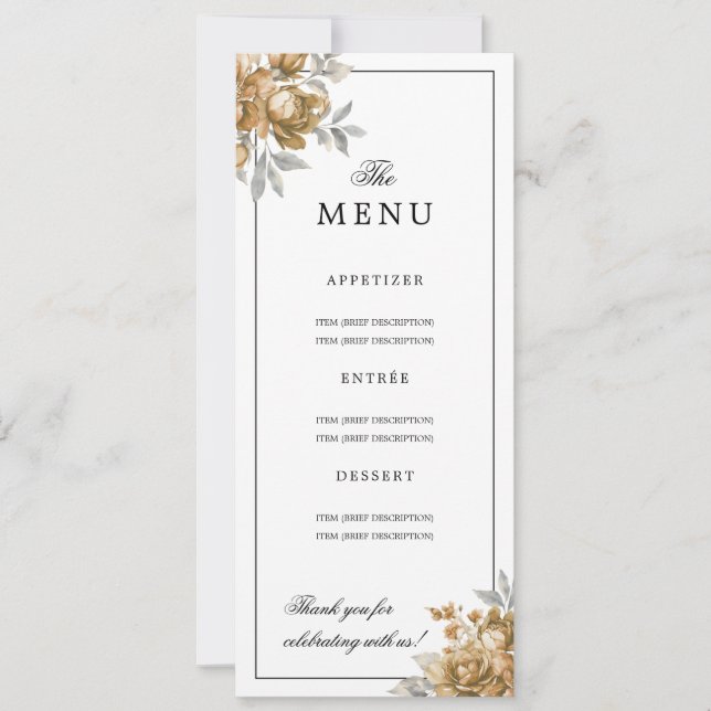 Elegant Gold Natural Rustic Floral Wedding Menu  Invitation (Front)