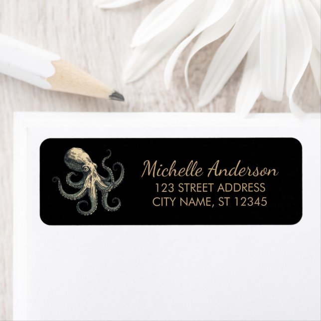 Elegant Gold Nautical Octopus Return Address      Label (Insitu)