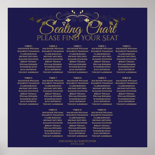 Elegant Gold  Navy 13 Table Wedding Seating Chart