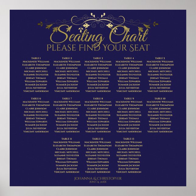 Elegant Gold & Navy 13 Table Wedding Seating Chart (Front)