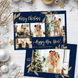Elegant Gold Navy 4 Photo Collage Christmas Card<br><div class="desc">Elegant, Modern Gold and Navy Botanical Leaves 4 Photo Collage Merry Christmas Holiday Card. This festive, mimimalist, whimsical four (4) photo holiday card template features a pretty photo collage, faux gold foil botanical leaves, winterberries and says Merry Christmas and Happy New Year! The „Merry Christmas and Happy New Year” greeting...</div>