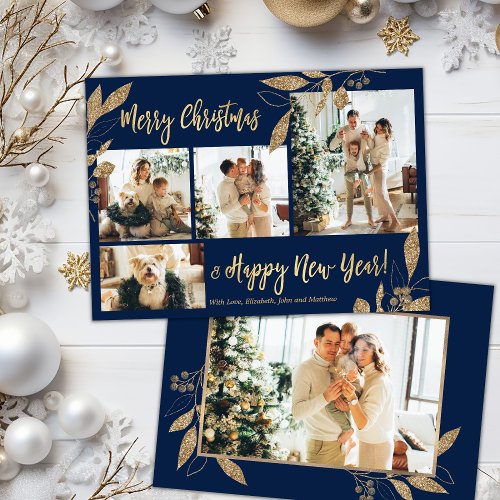 Elegant Gold Navy 4 Photo Collage Christmas Card
