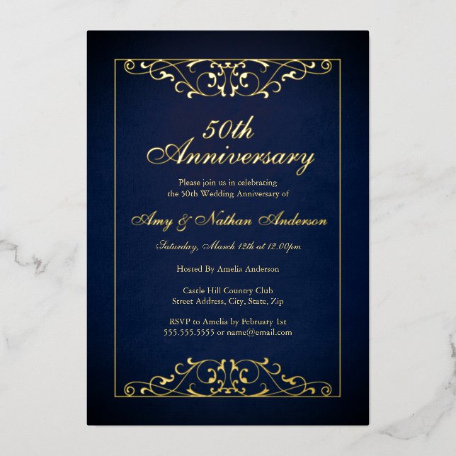 Elegant Gold Navy 50th Wedding Anniversary  Foil Invitation (Front)